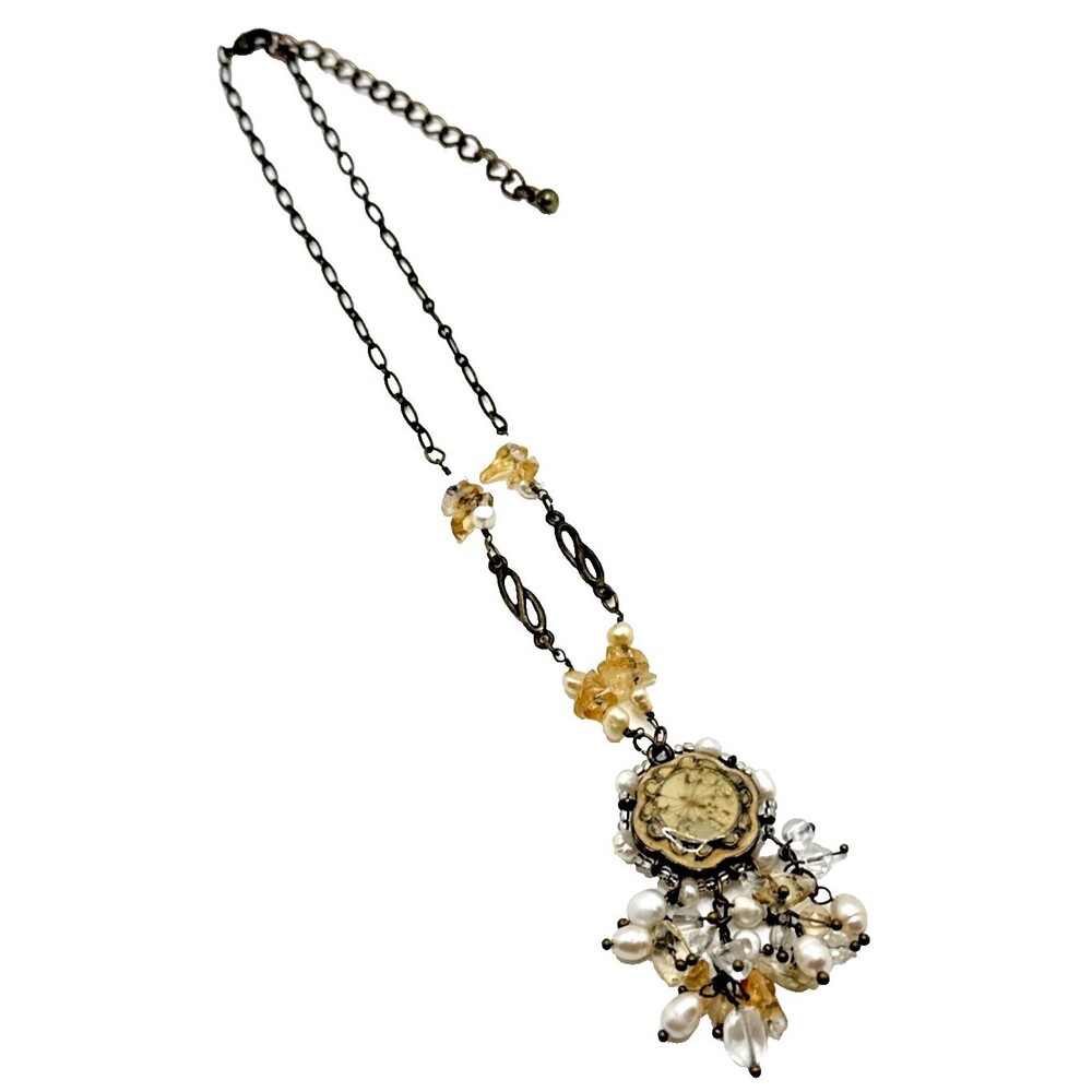 LAILA ROWE Floral Pendant Necklace Genuine Pearls Amber Glass Bead Gold Tone 16"
